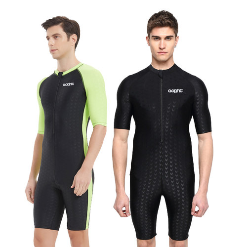 旗雷特泳衣连体鱼鳞速干短袖运动泳装健身修身游泳衣男士黑色