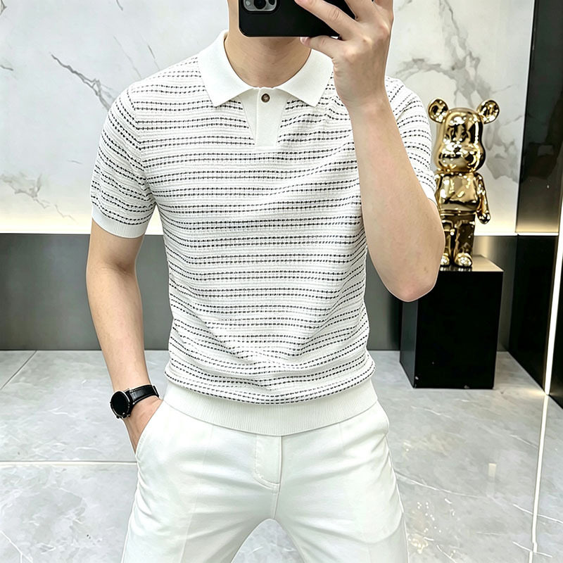 条纹夏季冰丝短袖男t恤针织时尚潮流简约商务薄款透气Polo衫男t恤