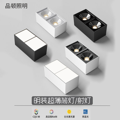 方形双头明装射灯筒灯方型斗胆灯免开孔天花格栅豆胆灯防眩家用无