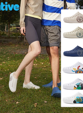 native Jefferson洞洞鞋数字图案包头凉鞋夏季沙滩鞋情侣透气凉鞋