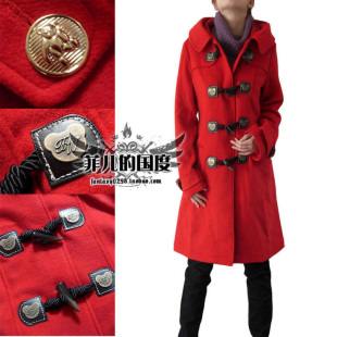 学院派i红色小熊牛角扣连帽修身长款大衣