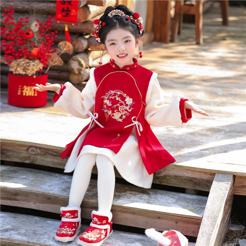 拜年服女童连衣裙红色唐装汉服冬季过年喜庆服冬装儿童新年衣服
