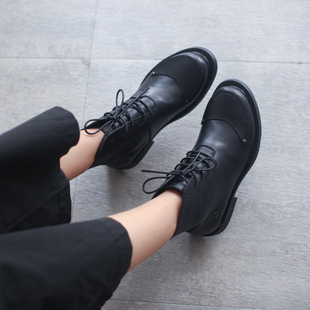 春秋新款机车靴休闲马丁靴女复古真皮低跟圆头单靴素人风短靴软底