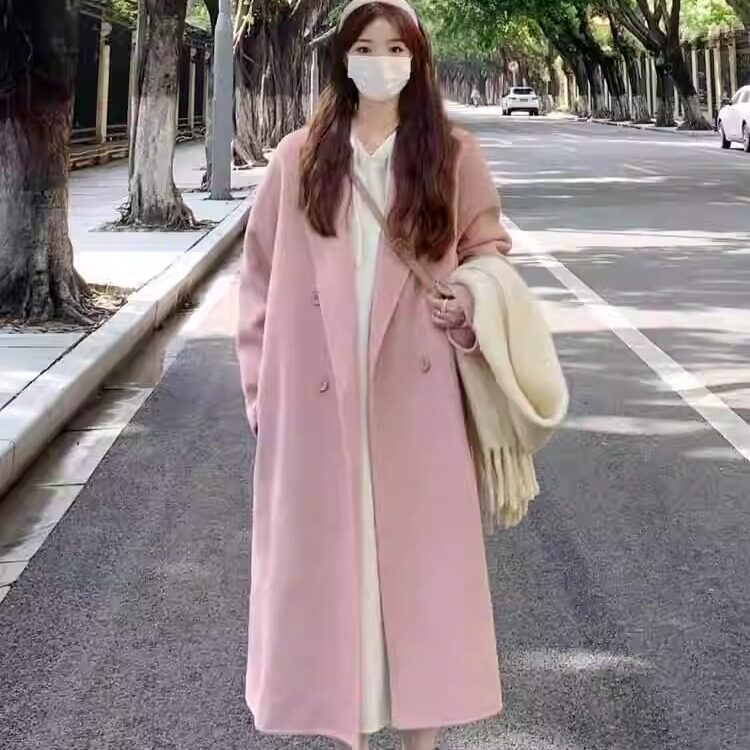 温柔粉色妮子大衣女2024秋冬新款高级韩系甜美气质中长款毛呢外套