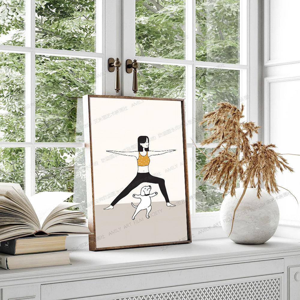 瑜伽馆装饰画健身房普拉提挂画婵柔工作室卡通yoga动作照片墙壁画
