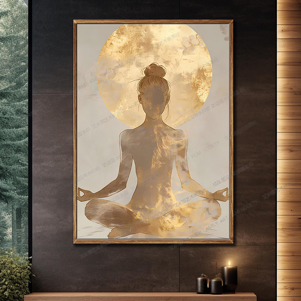 瑜伽馆教室装饰画普拉提工作室挂画佛陀坐姿婵柔禅意文化墙壁画