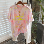彩色纯棉短袖 体恤上衣 晕染扎染宽松小众半袖 t恤女2024年夏季 薄款
