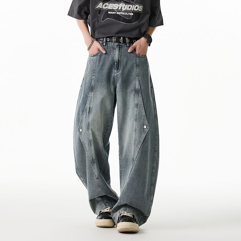 美式潮牌牛仔裤男夏季宽松大码加肥水洗复古长裤显瘦垂感阔腿裤子
