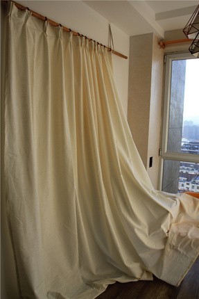 窗帘成品简约纯色现代挂钩款米白色加厚超垂遮光阳台卧室窗帘特价