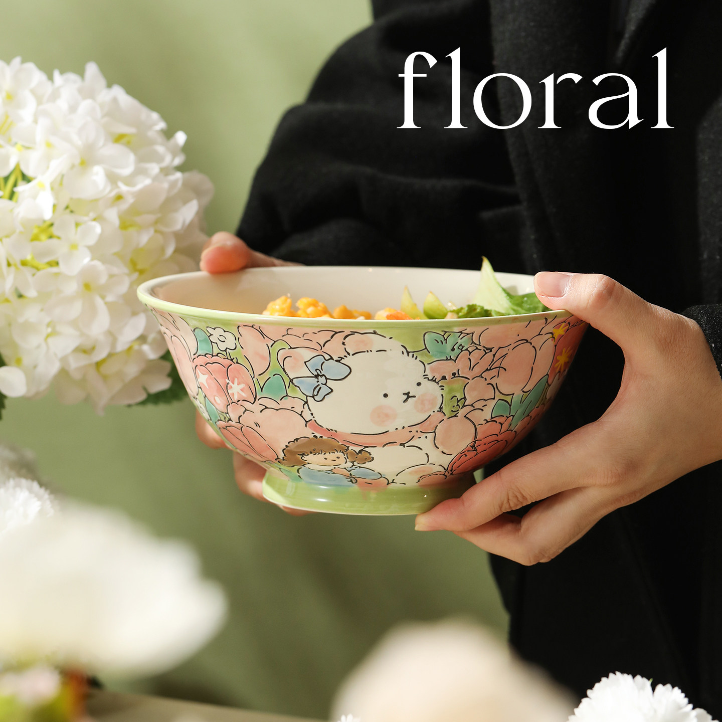 蓝莲花家居面碗陶瓷碗饭碗家用餐具2025新款高颜值漂亮釉下彩大碗,餐饮具,碗,淘宝优惠券,粉丝福利购,淘宝优惠卷