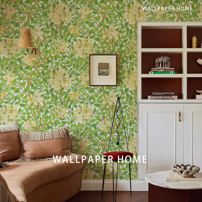 高端定制莫里斯金银花无缝墙布法式古风墙纸卧室定制壁画背景壁纸