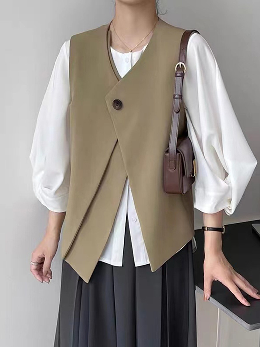 复古西装马甲女春秋设计感小众西服短款背心外套宽松V领无袖坎肩