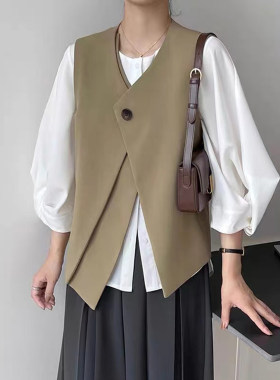 复古西装马甲女春秋设计感小众西服短款背心外套宽松V领无袖坎肩