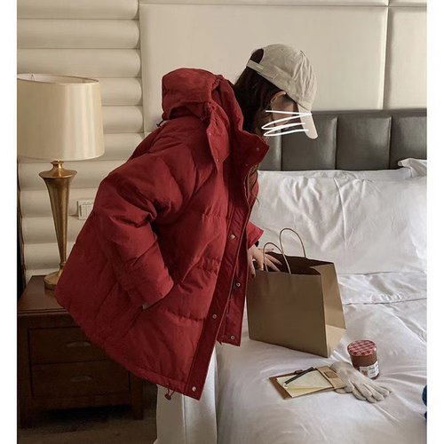 时尚连帽短款羽绒服女2024冬季新款韩版宽松加厚白鸭绒面包服外套