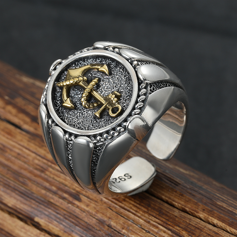 嘻哈潮牌霸气男士单身食指开口戒指S925纯银复古做旧船锚重工指环