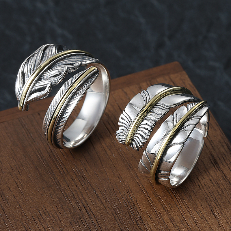 S925纯银羽毛戒指男女潮牌复古个性时尚手饰原创设计可调节指环潮