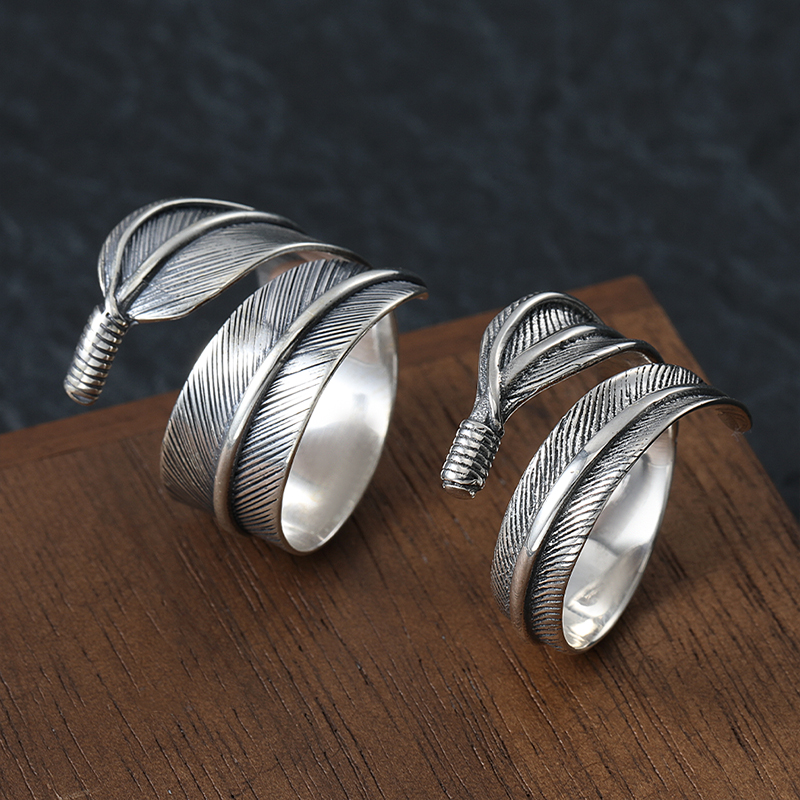 潮人印第安风羽毛S925纯银开口戒指简约百搭飞鹰指环食指戒情侣款