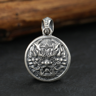 S925纯银复古龙头吊坠男女个性 霸气圆牌挂坠中国风龙首挂件潮 时尚