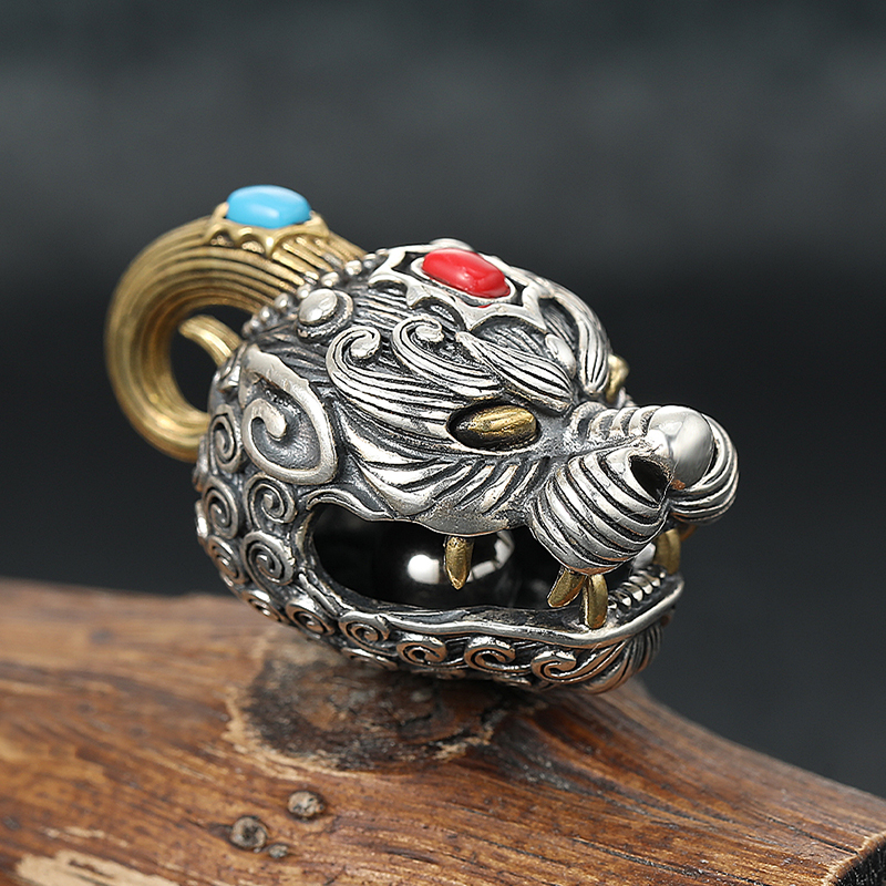 国潮复古霸气貔貅吊坠大号狮子挂坠古风帅气神兽挂件做旧S925纯银