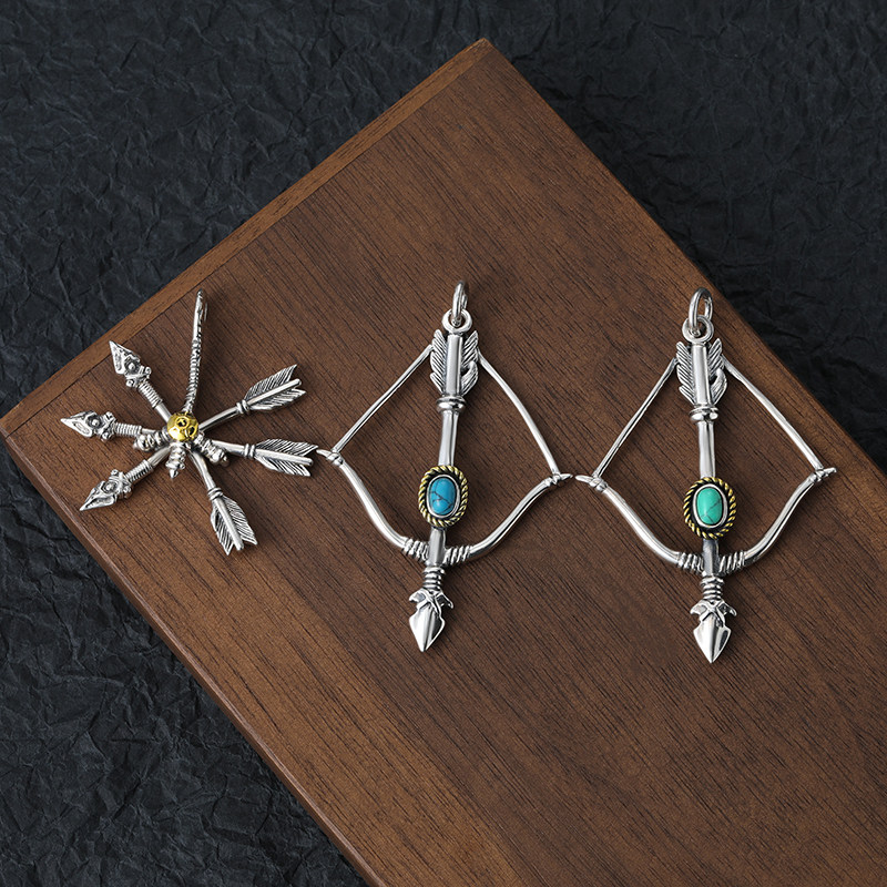 日潮高桥印第安手工做旧复古三羽毛弓箭头挂坠个性燧石箭簇吊坠男