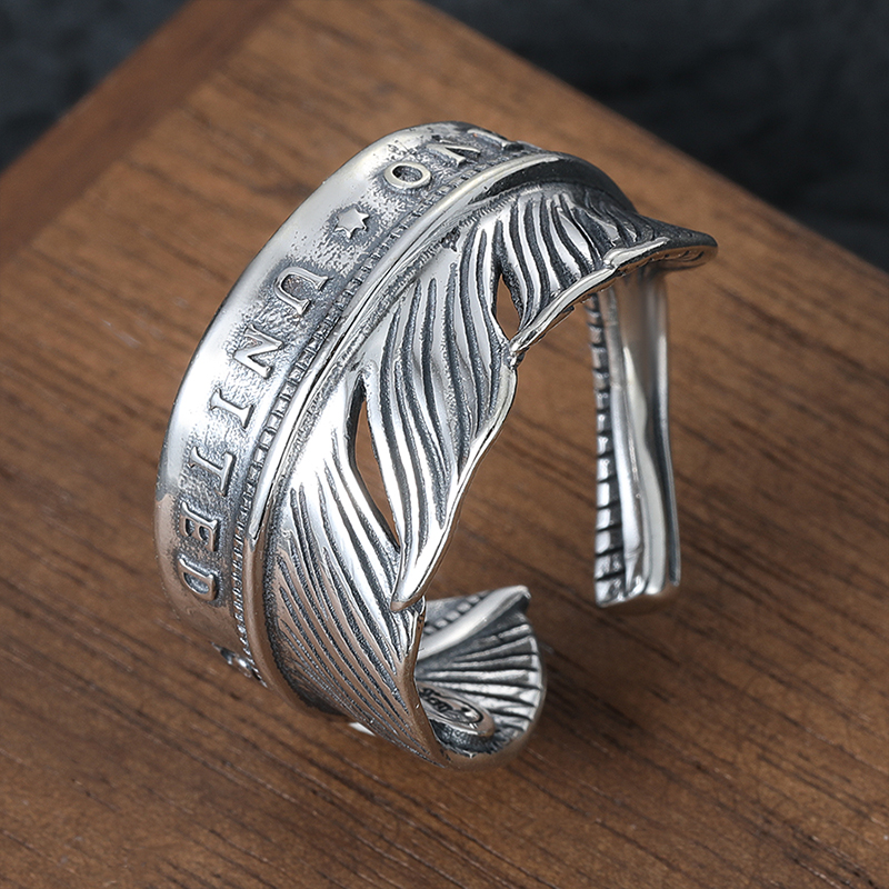 潮流日系925纯银字母羽毛开口戒指 百搭做旧设计小众星星指环男女