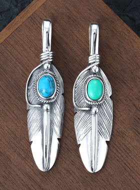 925纯银情侣镶石羽毛项链吊坠嘻哈个性潮男设计感挂坠手工DIY配饰