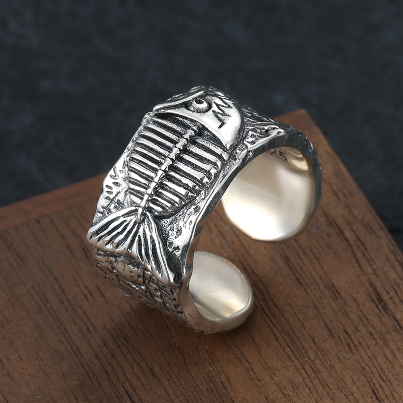 S925纯银开口可调节戒指男士复古做旧时尚高级感手工霸气鱼骨指环