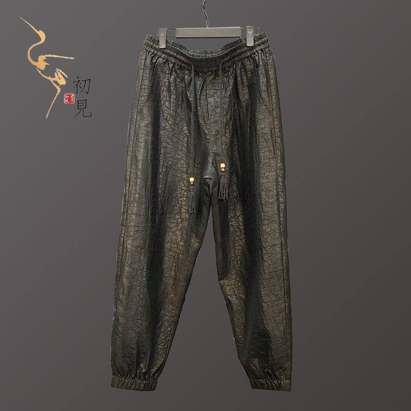 香云纱国潮休闲裤男装桑蚕丝哈伦裤子中式国风松紧腰束脚口长裤