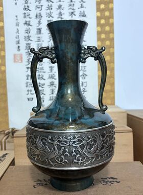 日本回流高冈铜器双龙耳凤凰纹花瓶，纯铜铸造