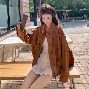 咖色花朵镂空麂皮绒短外套女2025秋季新款小个子洋气减龄夹克上衣图片