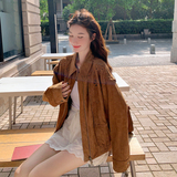 咖色花朵镂空麂皮绒短外套女2025秋季新款小个子洋气减龄夹克上衣，女装短外套，2C151