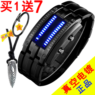 2020LED電子手表男防水潮流鎢鋼鏈條青年學生二進制熔巖男女生帥