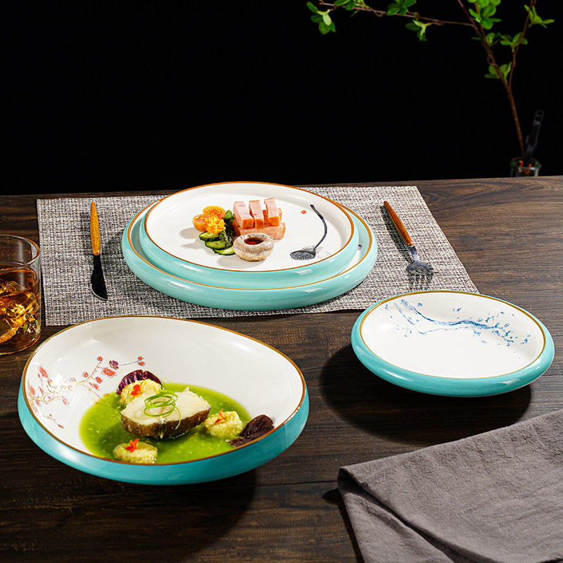 中式意境餐盘酒店餐厅冷菜盘会所融合分子料理盘圆形色釉陶瓷盘子