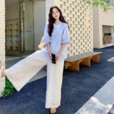 浅蓝色木耳边减龄衬衫套装女2025年夏季新款蕾丝拼接阔腿裤两件套，女装套装/套裙，2C198