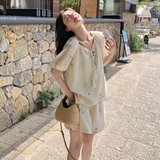 盐甜系穿搭轻薄印花打底衫上衣套装女夏新款小个子宽松短裤两件套，女装套装/套裙，2C198