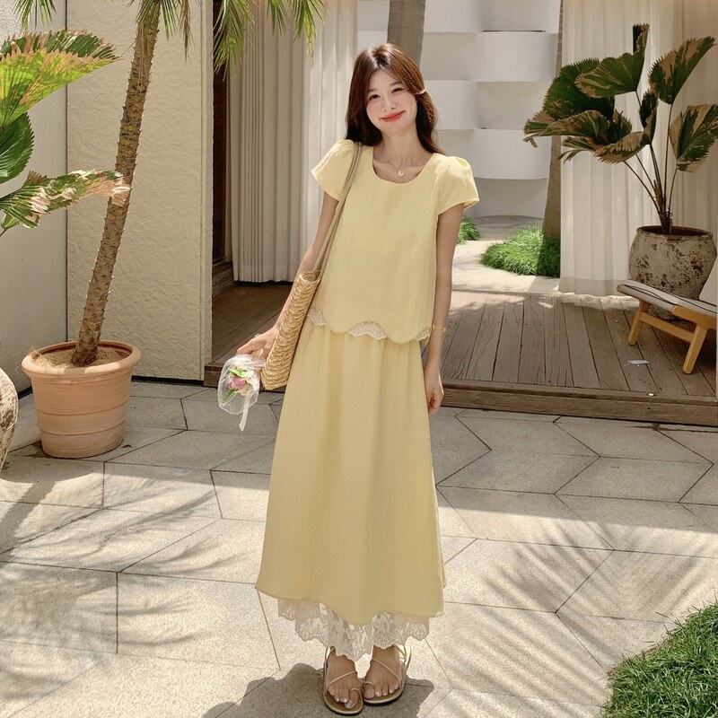 蕾丝拼接黄色衬衫半身裙套装女夏2025新款小众不撞款两件套流行图片