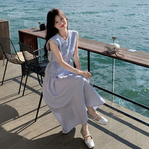 温柔风韩系蓝色蕾丝马甲套装女夏新款高级感气质显瘦半身裙两件套图片