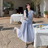 温柔风韩系蓝色蕾丝马甲套装女夏新款高级感气质显瘦半身裙两件套，女装套装/套裙，2C198