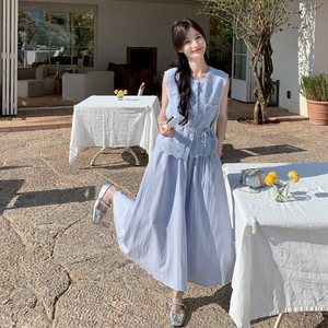 温柔风韩系蓝色蕾丝马甲套装女夏新款高级感气质显瘦半身裙两件套图片