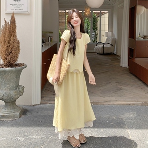 蕾丝拼接黄色衬衫半身裙套装女夏2025新款小众不撞款两件套流行图片