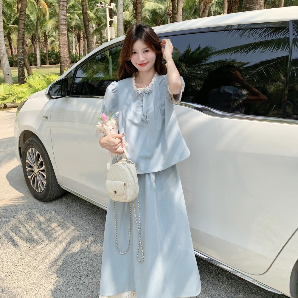 甜美小清新木耳边套装裙女2025夏季新款韩系小个子半身裙两件套潮,女装套装/套裙,2C198