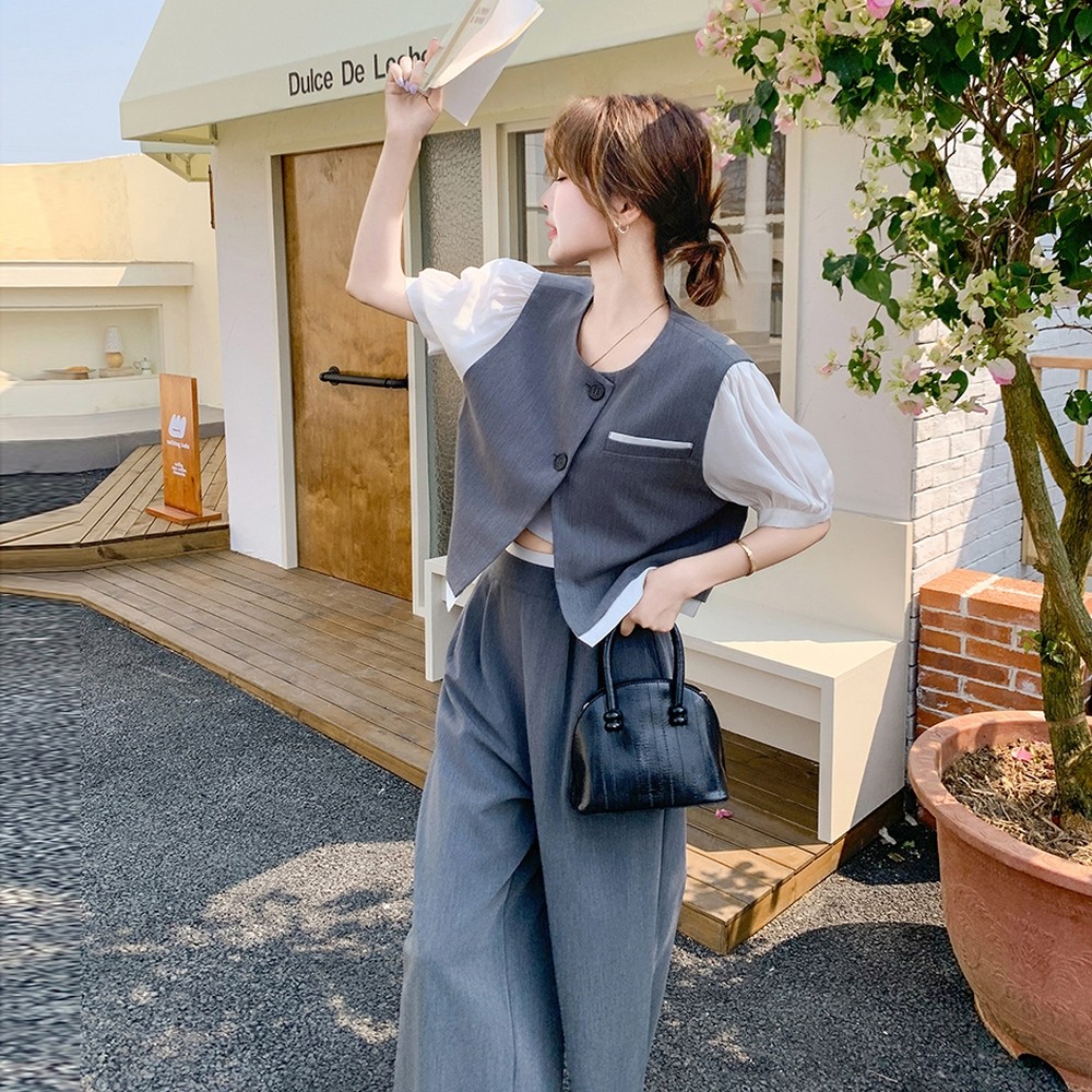 灰色假两件套装女2025夏季一整套ootd穿搭高级感上衣阔腿裤两件套图片