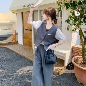 灰色假两件套装女2025夏季一整套ootd穿搭高级感上衣阔腿裤两件套图片