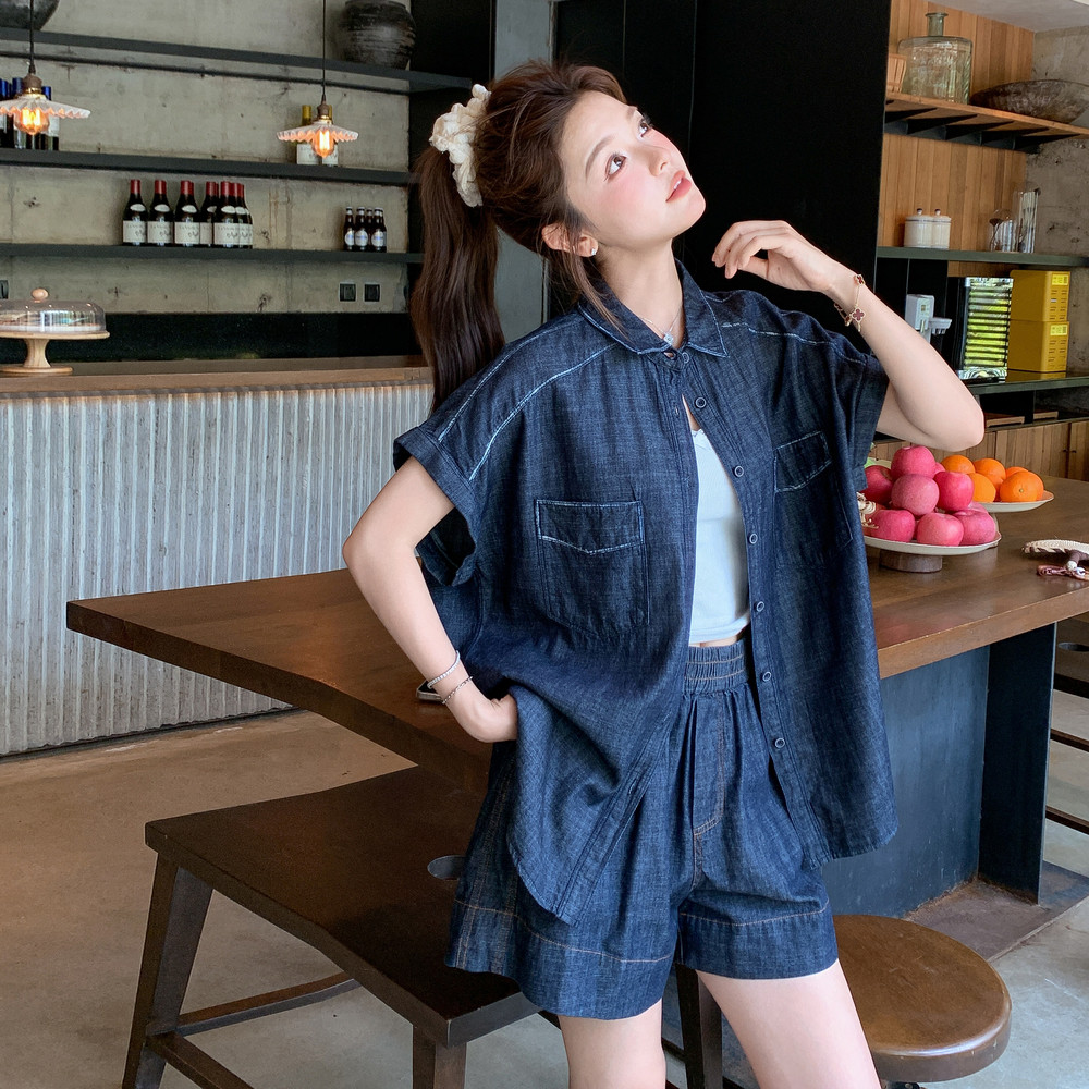 深蓝色复古牛仔衬衫短裤套装女2025年夏季新款时尚洋气穿搭一整套,女装套装/套裙,2C198