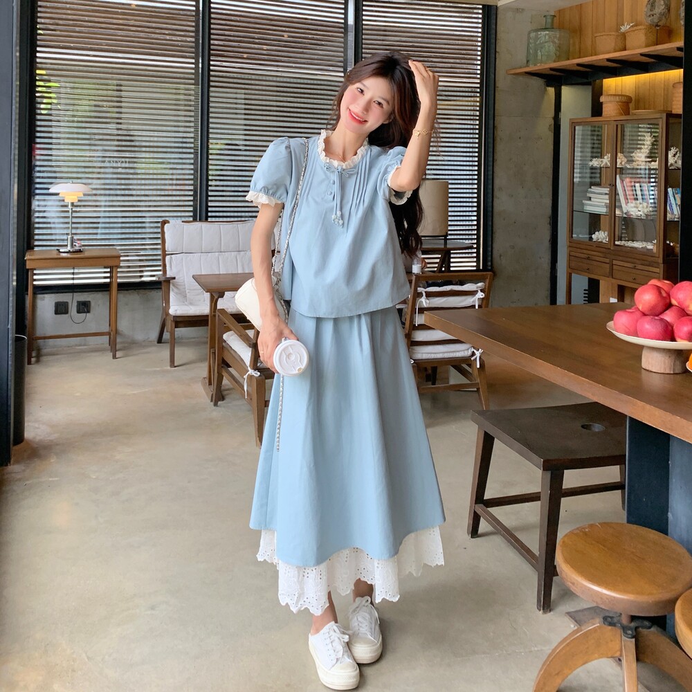 甜美小清新木耳边套装裙女2025夏季新款韩系小个子半身裙两件套潮,女装套装/套裙,2C198