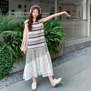 小众日系撞色条纹拼接碎花百搭连衣裙女2025新款夏季气质减龄裙子图片