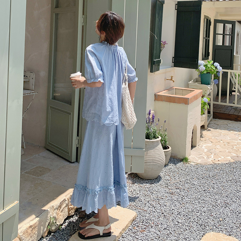 法式浅蓝色上衣半身裙套装女2025年夏季新款设计感小众气质两件套,女装套装/套裙,2C198