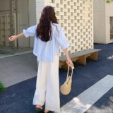 浅蓝色木耳边减龄衬衫套装女2025年夏季新款蕾丝拼接阔腿裤两件套，女装套装/套裙，2C198
