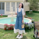浅蓝色假两件扎染牛仔连衣裙女夏季新款法式小个子气质显瘦a字裙，女装连衣裙，2C198