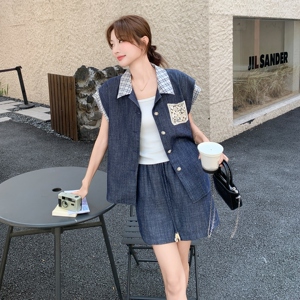 小个子轻薄格纹拼接衬衫套装女夏新款小个子休闲显瘦半身裙两件套图片